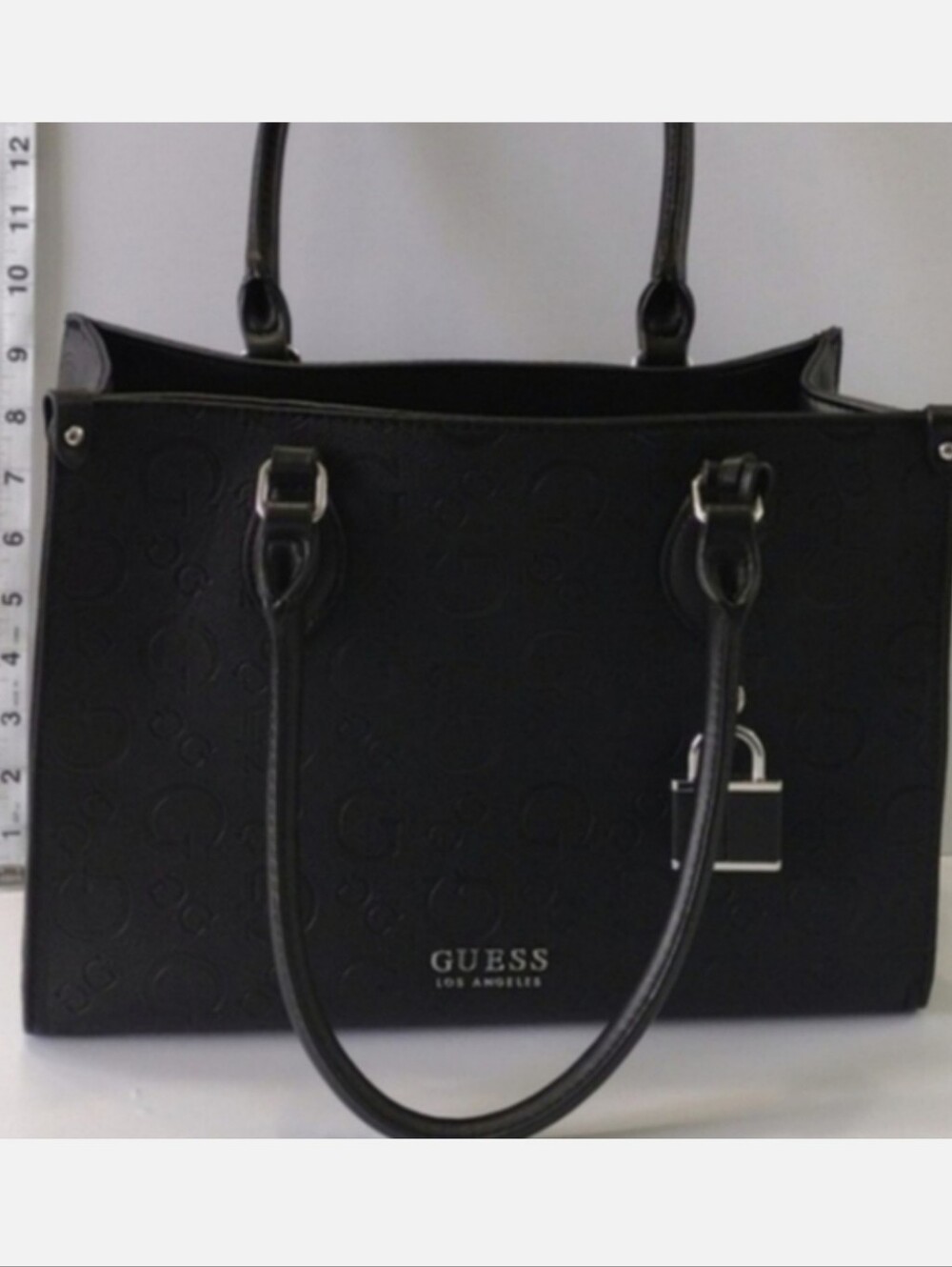 G By Guess Square Black Embossed Logo Leather Tote with Silver Lock Charm
